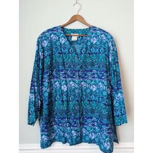 Vtg Coastal Grandma 2 Piece Set Blouse Trousers Womens Large Blue Breezy Coastal